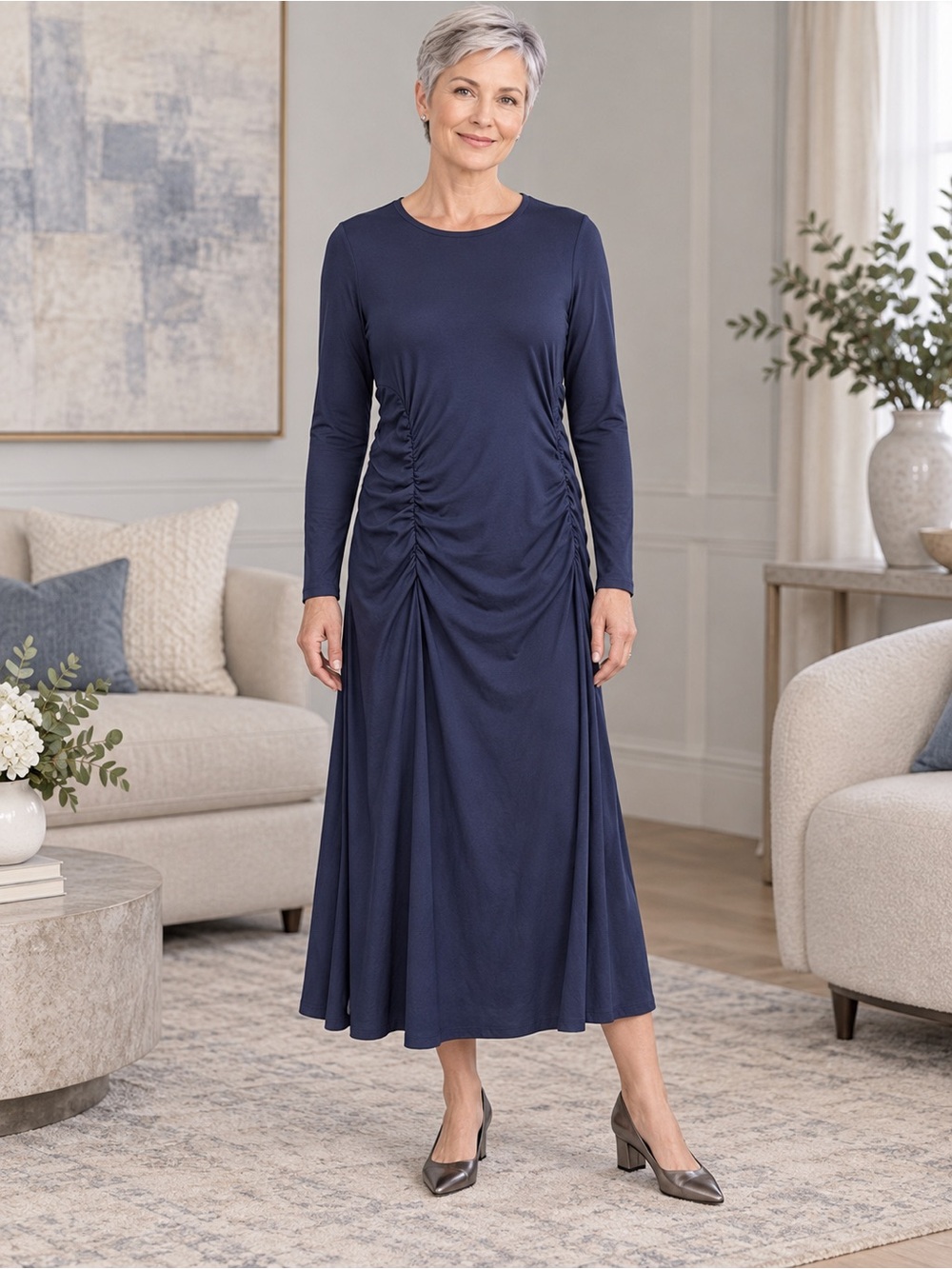 Treasure & Bond Navy Long-Sleeve Ruched Maxi Dress NWOT